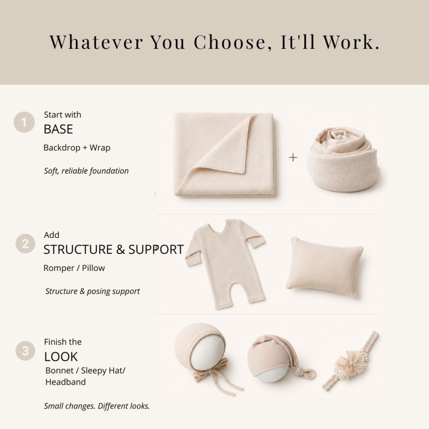 light beige newborn backdrop and matching wrap in use
