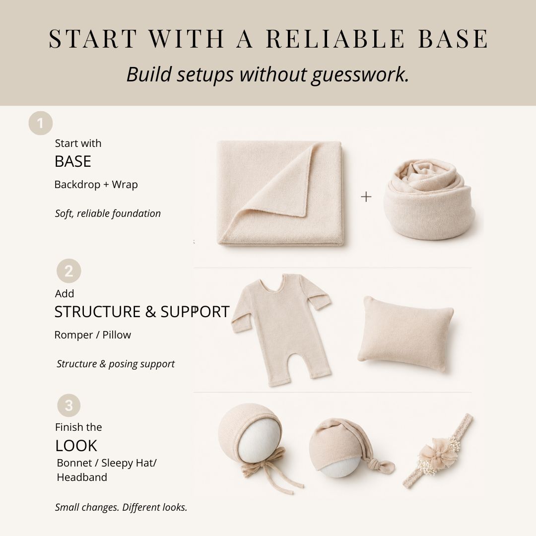 light beige newborn backdrop and matching wrap in use